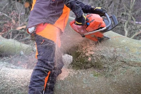 chainsaw cutting log with wood chips flying