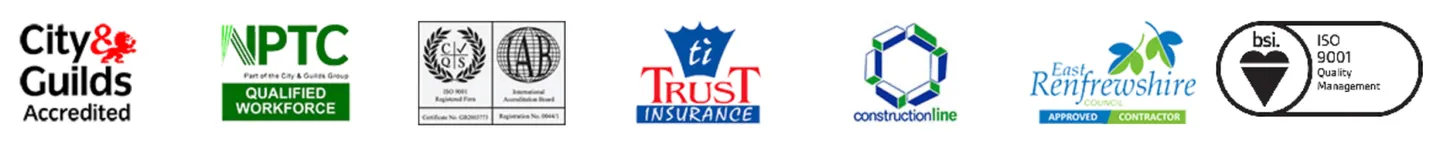 A row of accreditation logos including City & Guilds, NPTC, ISO 9001, Trust Insurance, Constructionline, East Renfrewshire Council, and BSI ISO 9001.